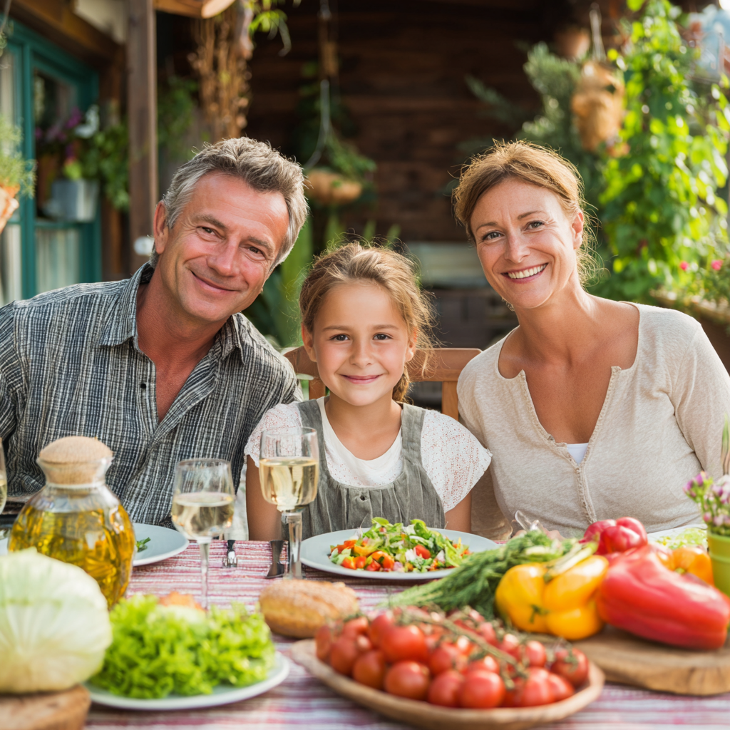 Middle-aged Hungarian woman enjoying mindful eating with fresh vegetables